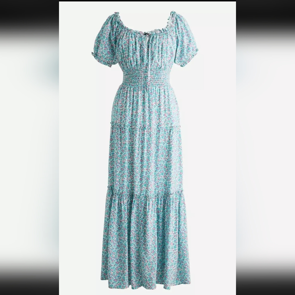 NWT J.Crew Puff-sleeve Midi in Ivory Larkspur Pink Smocked Tiered Dress 6 - Picture 2 of 8